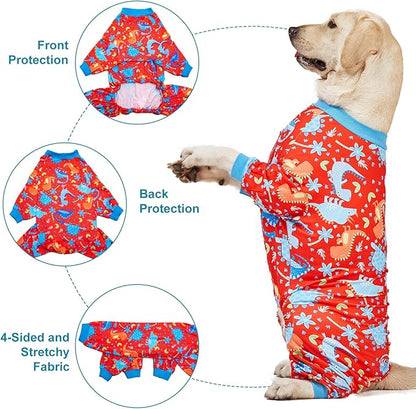 LovinPet Pitbull Dog Pajamas, Large Dog Onesies for Surgery Care, Lightweight Stretchy Knit Fabric, Dinosaur Jungle Red Print, Pet Clothes, UV Protection, Pet Anxiety Relief, PJ's for Dogs, L