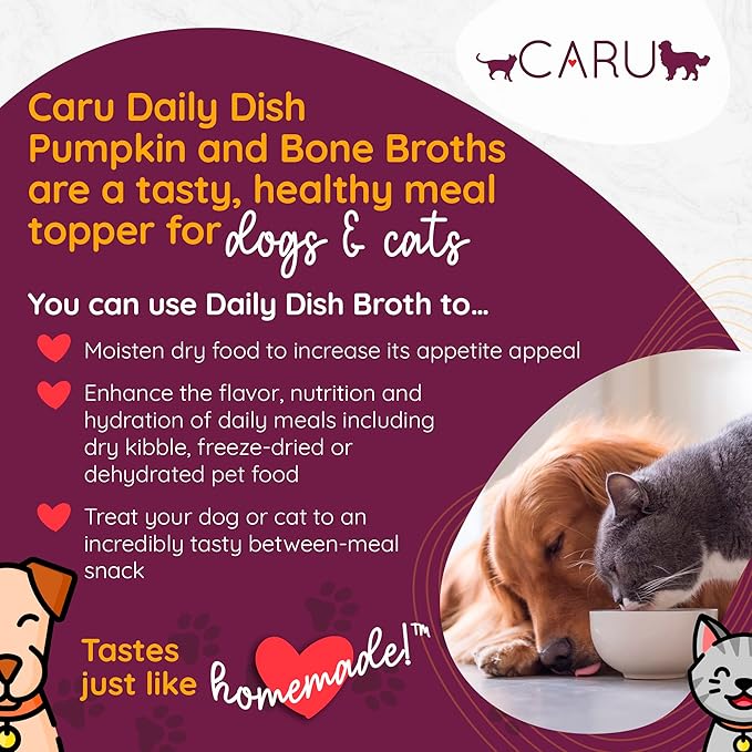 Caru - Daily Dish Pumpkin Broth - Meal Topper for Dogs & Cats - Supports Overall Pet Health - Pour-Over Broth for Wet/Dry Food - Human Grade Ingredients - Non-GMO - Made in USA - 12 Pack