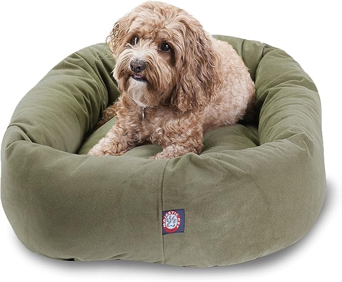 Majestic Pet 32 Inch Suede Calming Dog Bed Washable – Cozy Soft Round Dog Bed with Spine Support for Dogs to Rest Their Head - Fluffy Donut Dog Bed 32x23x7 (Inch) - Round Pet Bed Medium – Sage