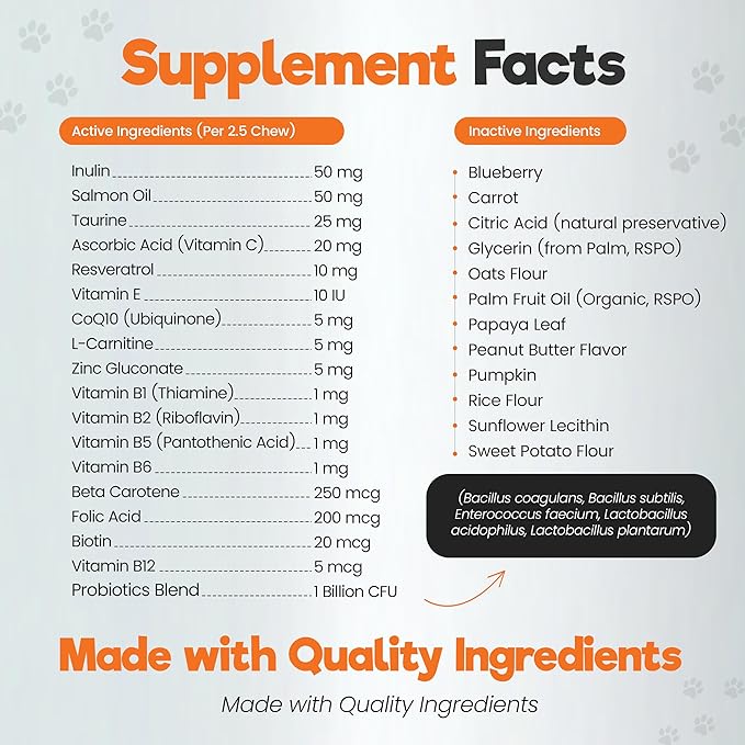 Dog Multivitamin Soft Chews for Longevity & Vitality, Dog Treats with Probiotics, CoQ10, & Omega 3 to Support Skin, Coat, Gut, Heart & Immune Health for All Breeds & Sizes, Peanut Butter, 60 Chews