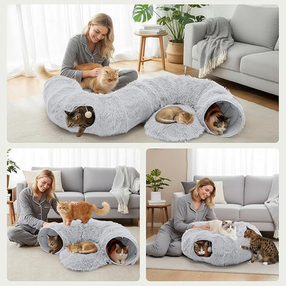 DUMOS Cat Tunnel Bed for Indoor Cats Cave Donut Play Tunnel with Soft Plush Peekaboo, Circle Cushion, Washable Multifunctional Playground Under Tree Pet Toys for Kittens, Puppy Rabbit, Ferret, Grey