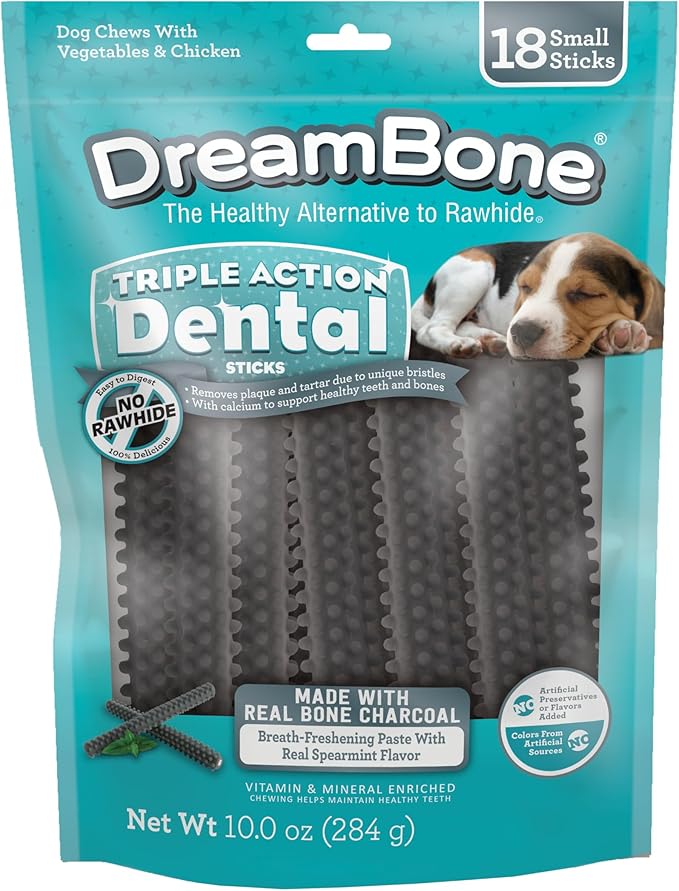DreamBone Triple Action Dental Sticks Charcoal, 18 Count, Rawhide-Free Chews for Small and Medium Sized Dogs Freshens Breath