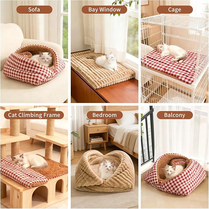 Jiupety Cat Bed for Indoor Self Warming Cat Bed Mat Ultra-Soft Plaid Dog Beds Machine Washable Pet Bed,Multifunction Folding Pet Blanket for Small Dogs and Cats Red,33X25In