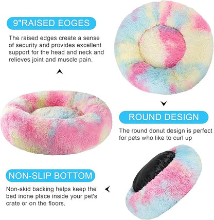 Dog Calming Beds for Small Medium Large Dogs - Round Donut Washable Puppy Dog Bed, Anti-Slip Faux Fur Fluffy Donut Cuddle Anxiety Cat Pet Bed(16'' Color)