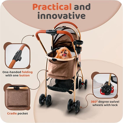 Pet Stroller for Small Medium Dogs & Cats – 2-in-1 Detachable Carrier, Zipperless Entry, Lightweight Folding Travel Stroller with Storage Basket, Cup Holder, Brown