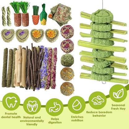 53Pcs Rabbit Chew Toys,Rabbit Toy for Bunnies Boredom Bunny Toys for Teeth, Timothy Stick, Apple Sticks, Sweet Bamboo, for Guinea Pig, Hamster, Chinchilla, Rat, Small Animals