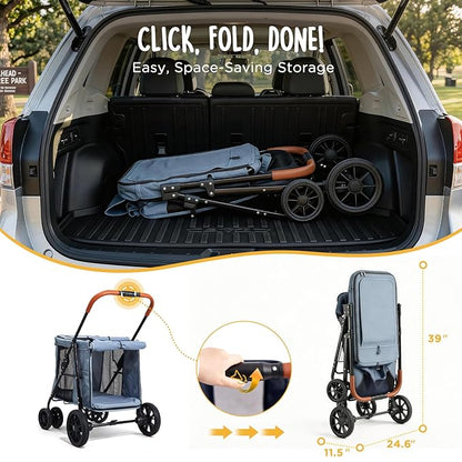 CANINE CANYON Scout Pet Stroller, Heavy Duty Dog Stroller for Small & Medium Dogs, Foldable Pet Stroller with All-Terrain Wheels, Breathable Mesh, Storage Pocket & Cup Holder, 55 lbs Capacity, Grey