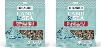 Icelandic+ Land & Sea Wild Caught Cod Skin & Freeze-Dried Beef Liver - 6.75oz Bag, Dog Treat & Food Topper, 2 Ingredients, No Preservatives, Natural (Pack of 2)