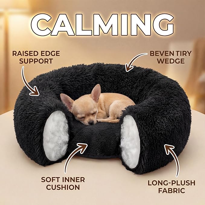 Tiny Dog Bed 15 Inch for Extra Small Dogs,Washable Puppy Bed,Soft Faux Fur Calming Donut Bed for Chihuahua Yorkie Maltese Pomeranian,Black