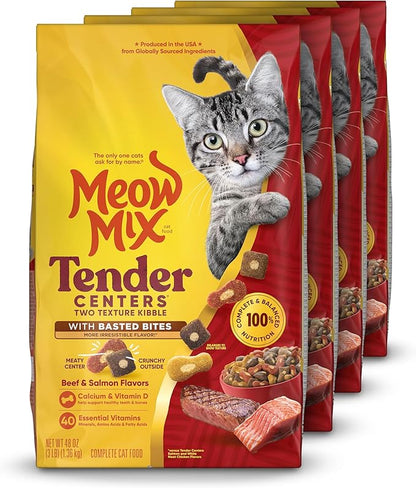 Meow Mix Tender Centers Dry Cat Food with Basted Bites, Beef & Salmon Flavors, 3 Pound Bag (Case of 4)