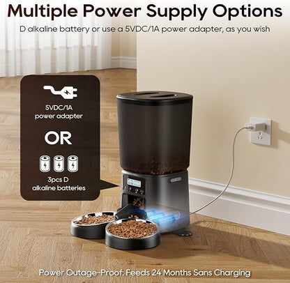 Petrice Automatic Cat Feeder for 2 Cats, 6L/25 Cups Cat Food Dispenser Programmable 30 Portions 6 Meals per Day, Timed Pet Feeder for Kitty Small Dogs with 10S Voice Record, Easy Setup, Black