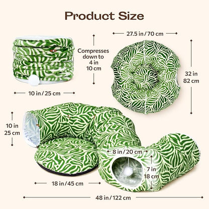 Meowfia Indoor Cat Tunnel with Donut Bed - Large Flexible Play Space for Multiple Pets - Circle or Snake Shape, Cozy Lounge (Jungle Nest)