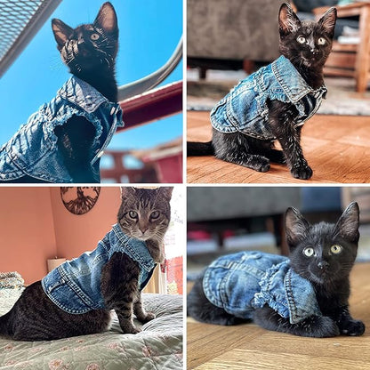 Dog Jean Jacket, Blue Denim Lapel Vest Coat T-Shirt Costume Girl Boy Puppy Clothes, Comfort and Cool Apparel for Small Medium Dogs Cats