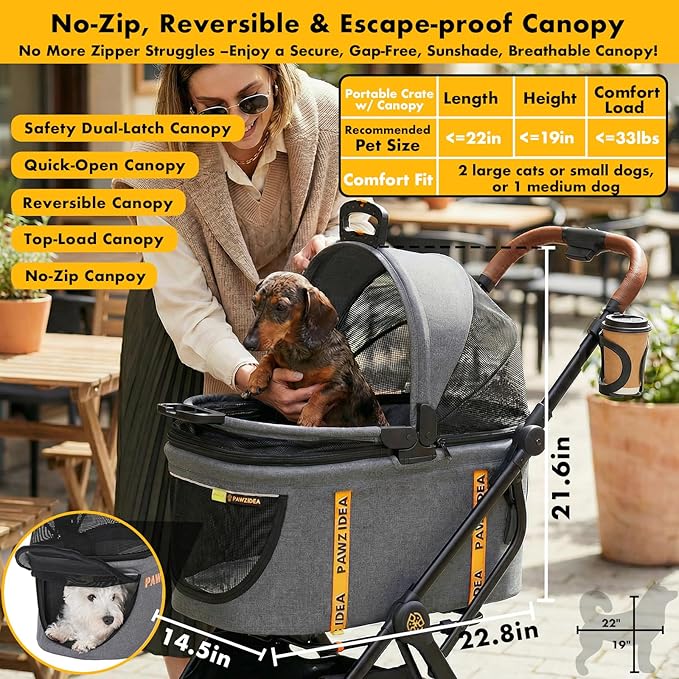 PAWZIDEA Pet Stroller 4-in-1, Foldable Dog Stroller with Detachable Carrier for Small Medium Dogs & Cats, Escape-Proof No-Zip Canopy, Lightweight Portable Travel Crate & Car Seat Combo, Storage Basket
