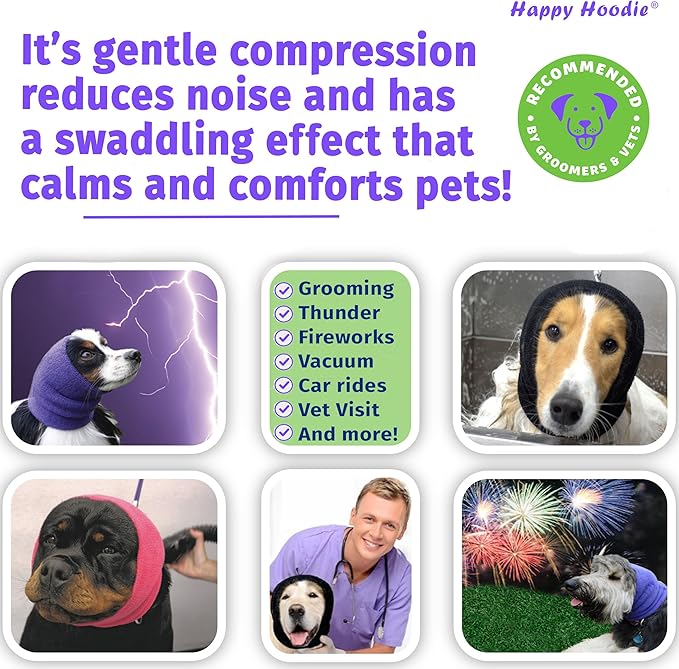 Happy Hoodie The Original Dog & Cat Calming Band - American Brand - Anxiety Relief/Noise Protection - Grooming - Thunder - Fireworks (Large, Black) - Since 2008