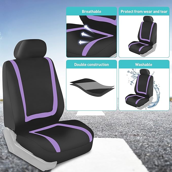 FH Group Car Seat Covers Front Set in Cloth - Car Seat Covers for Low Back Car Seats with Removable Headrest,Universal Fit,Automotive SeatCovers,Washable Car SeatCover for SUV,Sedan,Van Purple