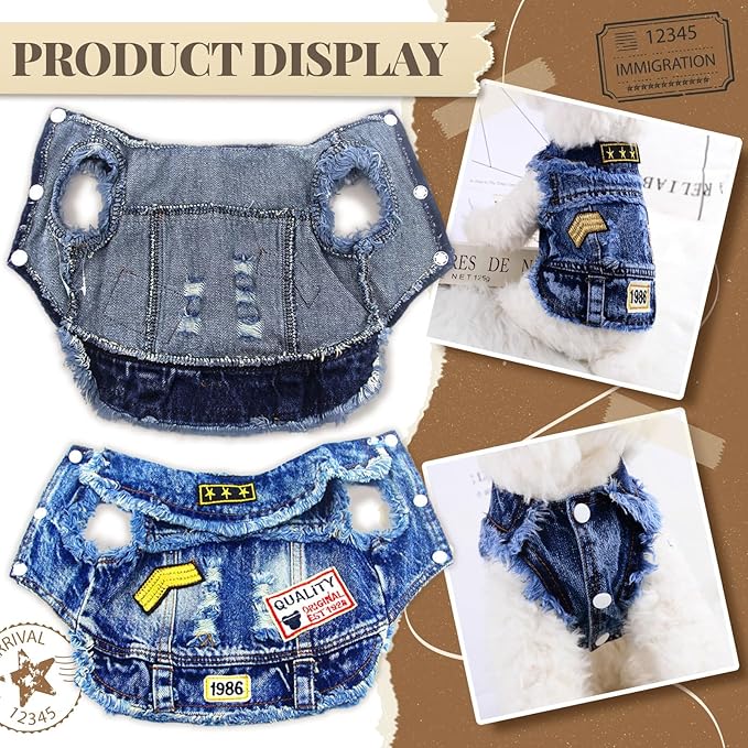 Cool Dog Jean Jacket Small Puppy Outfits Frenchie Clothes Denim Coats for Small Medium Dogs Cats Boys Girls Pet Vest Dog Shirt Clothing Doggy Costume (Blue Print, M（Suggest 6-9 lbs）)