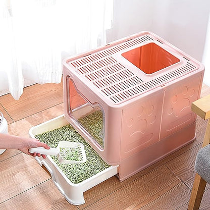 Panghuhu88 Foldable Litter Box With Lid, Large Top Entry Cat Toilet, Enclosed Potty Include Litter Scoop, Drawer Type Easy Clean Pan (Pink, 20" L x 16" W x 15" H)