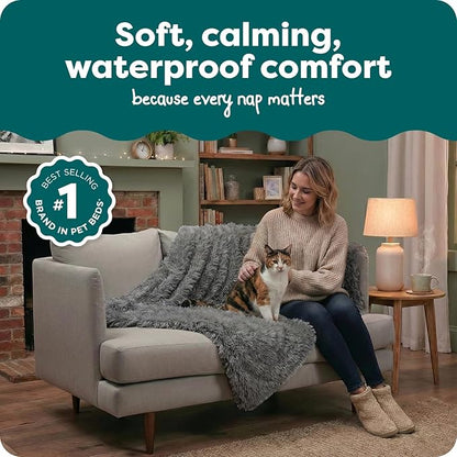 FurHaven Waterproof Throw Blanket For Dogs & Indoor Cats, Reversible Protective Pet Blanket, Medium, Long Faux Fur & Velvet, Gray