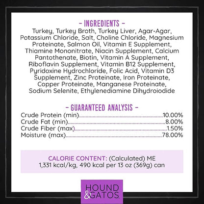 Hound & Gatos Wet Dog Food, 98% Real Meat, Single Protein Turkey Recipe, Supports Digestive Health, High Protein Limited Ingredients, Grain Free, 13 oz. Cans (Pack of 12)