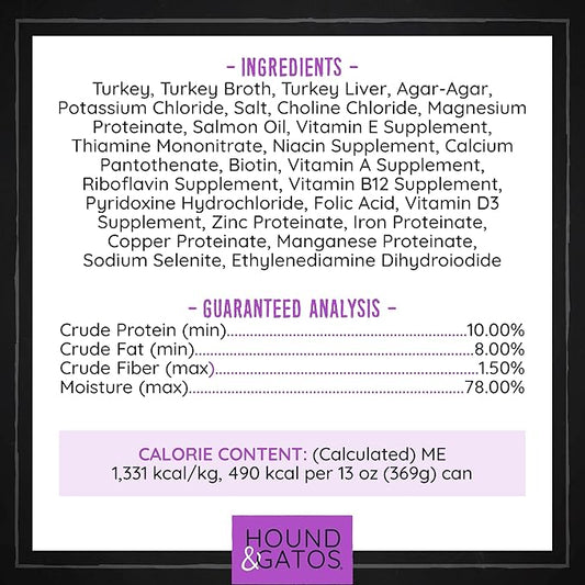 Hound & Gatos Wet Dog Food, 98% Real Meat, Single Protein Turkey Recipe, Supports Digestive Health, High Protein Limited Ingredients, Grain Free, 13 oz. Cans (Pack of 12)