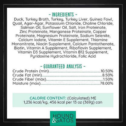 Hound & Gatos Wet Dog Food, 98% Real Meat, High Protein Poultry and Gamebird Recipe, Supports Digestive Health, Limited Ingredients, Grain Free, 13 oz. Cans (Pack of 12)
