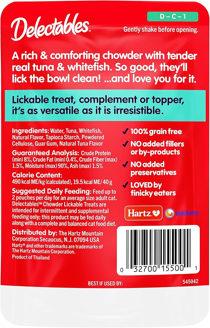 Delectables Lickable Treat Chowder Wet Cat Treat with Real Tuna & Whitefish, Food Topper, Hydrating, Grain-Free, No Fillers, By-Products, Added Preservatives, 1.4oz Pouch, 12ct