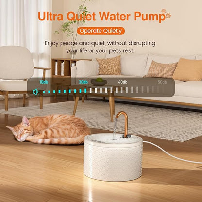 MISFANS Ceramic Cat Water Fountain, 2.1L/71oz, Firework-Embossed Design | All-Ceramic Bowl and Lid, Pure Copper Spout, Under 20dB Pump, Dual Filtration, 2 Flow Modes, 3 Filters and Sponge