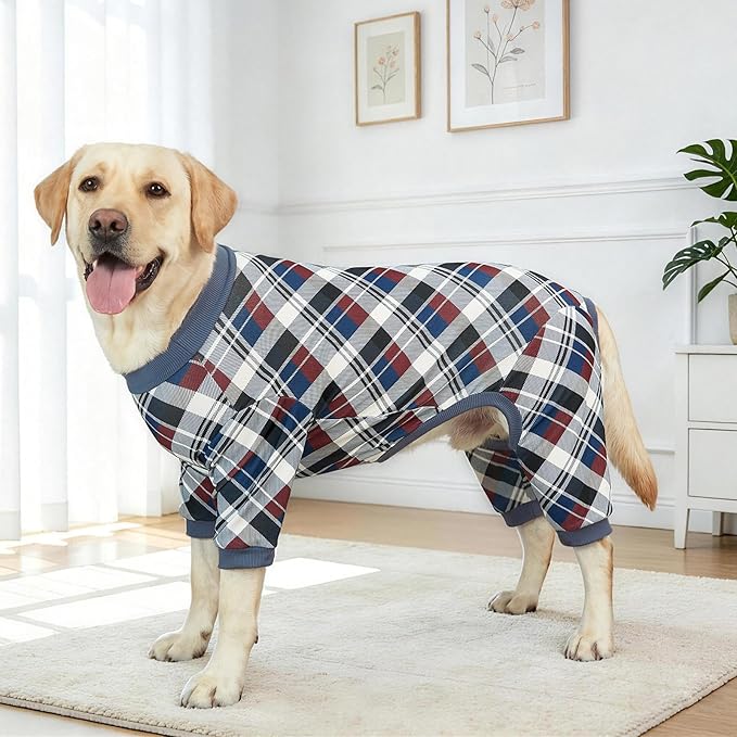 XPUDAC 4 Pack Dog Pajamas for Large Dogs Cats Plaid Doggie Clothes Puppy Onesies Christmas Pajamas Jumpsuits Pet Pjs Shirt Apparel 5X-Large, Red Green Beige Grey