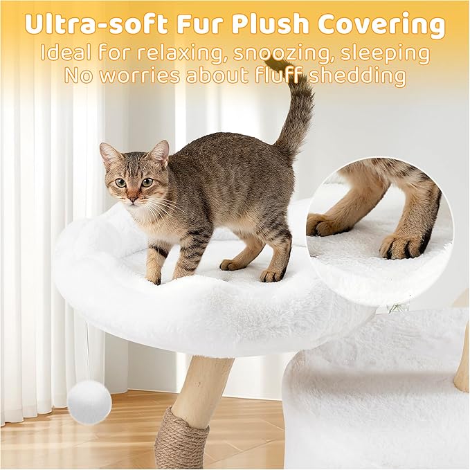 COSIEST 42.5" Tall Cat Tree Tower for Indoor Cats, Modern Cat Tower with Natural Sisal Scratching Posts, Ball & Resin Trunks, Rattan Cat Tree with Condo, Cat Furniture for Multi-Cat Households, White