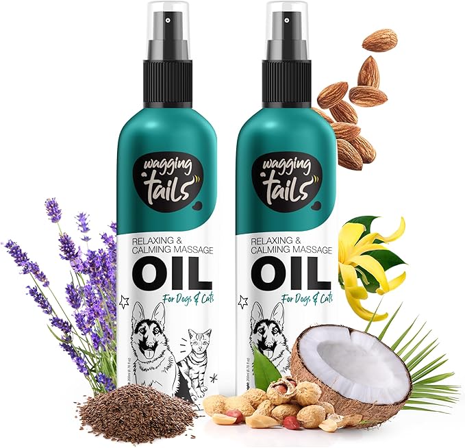 Wagging Tails 4-in-1 Relaxing & Calming Massage Oil for Dogs and Cats - 13.52 fl oz (Pack of 2) | Natural Grooming Formula | Enhances Coat Shine & Softness, Soothes Itching, Promotes Relaxation