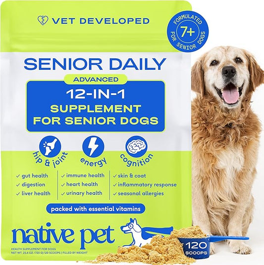 Native Pet Senior Daily Dog Vitamins & Supplements – 12-in-1 Dog Multivitamin Powder for Senior Dogs – Supports Mobility, Cognition, Digestion, Immune Health & More – 120 Scoops