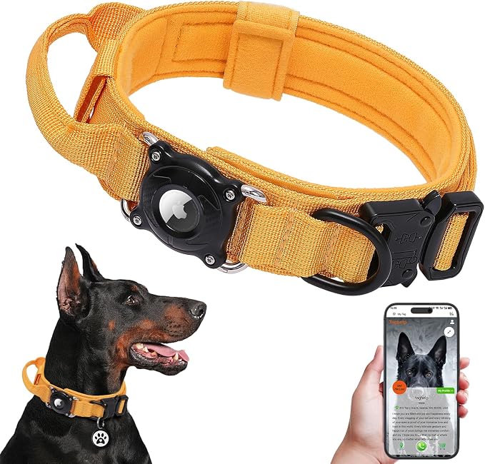 Tactical Dog Collar with QR Code & AirTag Holder, Military Adjustable Durable Reflective Dog Collar for Large Medium Dogs, Built-in Control Handle and Metal Buckle, 2026 New (Yellow-XL)