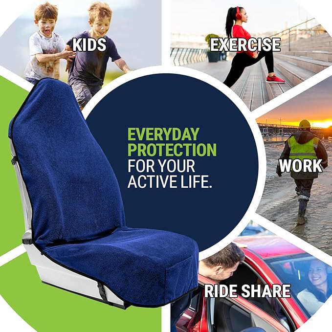 Season Guard Terry Cloth Sweat Towel Seat Cover; Carseat Towel Protector; Great for Gym Workout; Waterproof; Universal Fit for Car SUV Van Truck; EZ fit; Non Slip Grip; Machine Washable; 2pc Blue