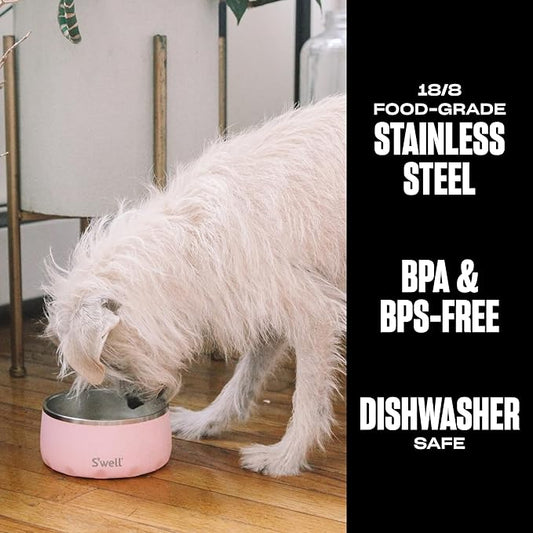 S'well Stainless Steel Pet Bowl, 16oz, Pink Topaz, for Small to Medium Size Dogs, Mess Free Design with Non Slip Rubber Bottom, Dishwasher Safe, BPA Free
