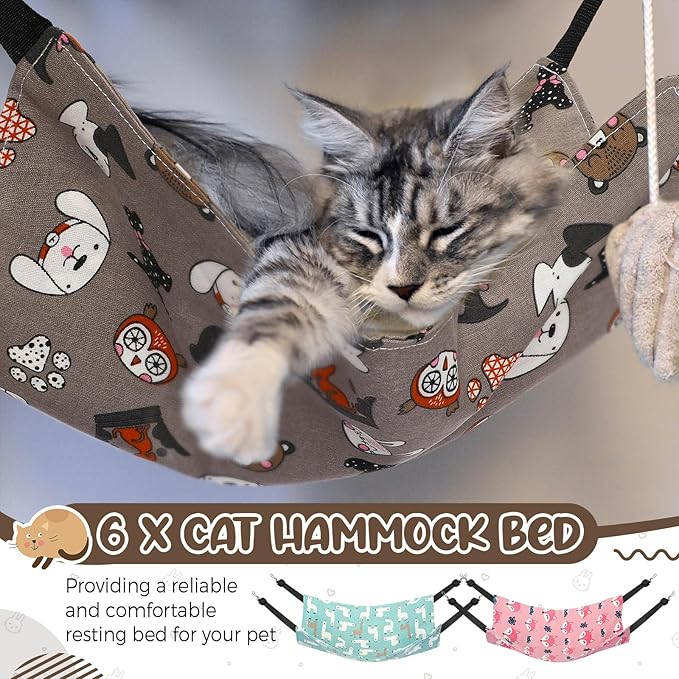 Barydat 6 Pcs Reversible Cat Hammock Bed 18.9 x 15 Inch Soft Breathable Double Sided Pet Ferret Cage Hammock with Adjustable Straps Hanging for Kitten Puppy or Small Pet (Fabric)