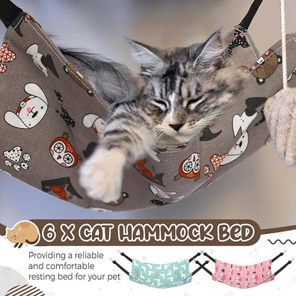 Barydat 6 Pcs Reversible Cat Hammock Bed 18.9 x 15 Inch Soft Breathable Double Sided Pet Ferret Cage Hammock with Adjustable Straps Hanging for Kitten Puppy or Small Pet (Fabric)
