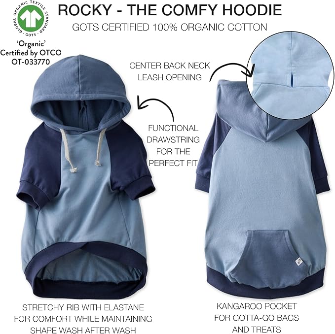 Pet Passion Rocky – The Original Lightweight Hooded Tee 100% Organic Cotton Dog Hoodie Pet Coat Sweater for All Sized Dogs, Original Navy Colorblock, XX-Small (4-7 lbs)