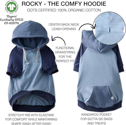 Pet Passion Rocky – The Original Lightweight Hooded Tee 100% Organic Cotton Dog Hoodie Pet Coat Sweater for All Sized Dogs, Original Navy Colorblock, Medium (20-45 lbs)