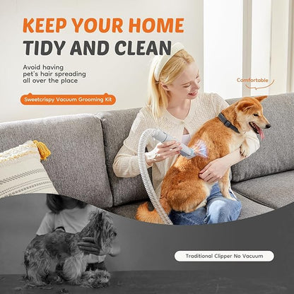 Sweetcrispy Professional Pet Grooming Vacuum Kit, 2.5L Cup, 3 Suction Modes, and 5 Groomer Tools with Cordless Low Noise Dog Clippers for Cats, Other Animals Hair Trimmer, Gray