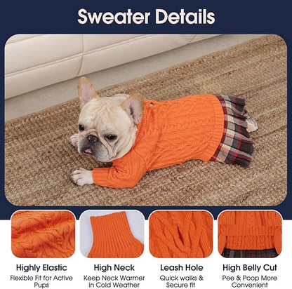 IECOii Girl XXL Dog Sweater Dress, Cozy Cable Knit Dog Sweater for Large Dogs Girl, Orange, XXLarge, 2XL Pet Pullover Knitted Dress for Winter, Turleneck with Sleeve, Warm Sweaters for Female Pitbull