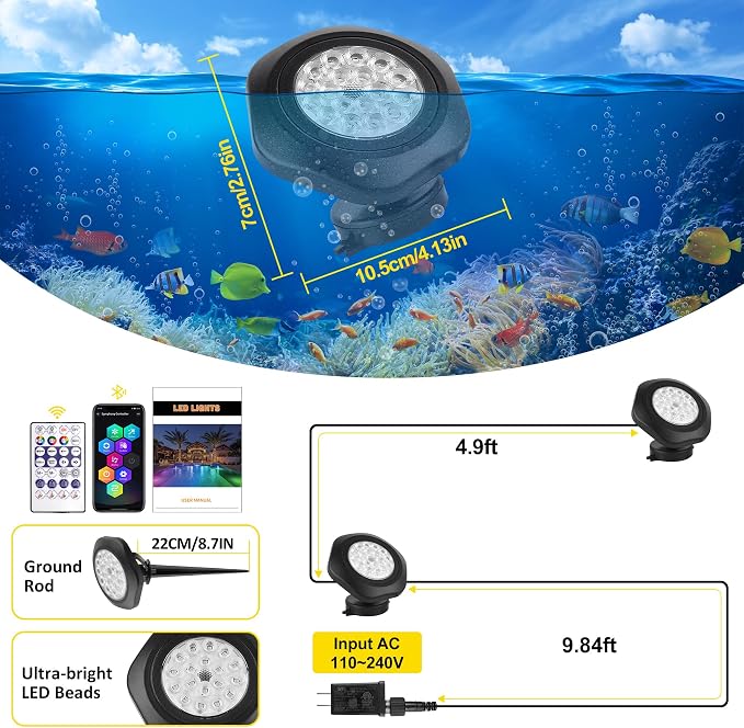 T-SUN RGB LED Underwater Pond Lights with APP and Remote Control 2 Pack | Color Changing Fountain Lights Led Underwater, IP68 Waterproof Submersible Pond Lights for Outdoor Pond Koi Aquarium Garden