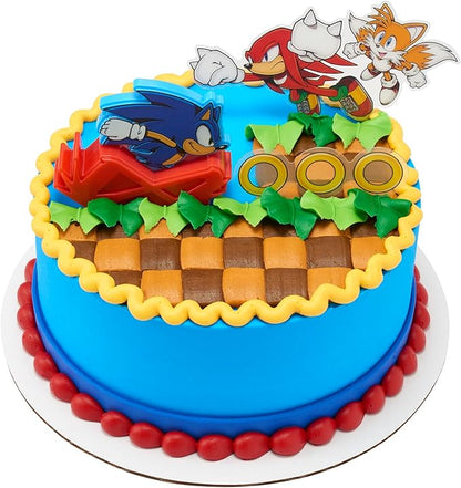 DecoSet Sonic The Hedgehog Cake Topper, 3-Piece Decoration Set With Tails & Knuckles Cake Pic, Rings Cake Pic And Rolling Sonic Action Figurine, For Birthday And Celebrations