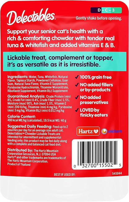 Delectables Lickable Treat Chowder Senior 10+ Wet Cat Treat with Real Tuna & Whitefish, Food Topper, Hydrating, Grain-Free, No Fillers, By-Products, Added Preservatives, 1.4oz Pouch, 12ct