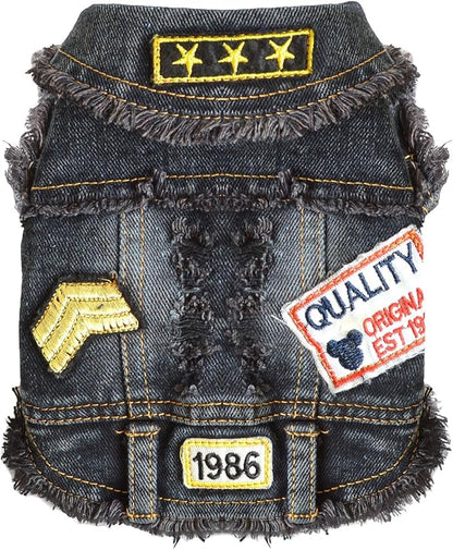 Cool Dog Jean Jacket Small Puppy Outfits Frenchie Clothes Denim Coats for Small Medium Dogs Cats Boys Girls Pet Vest Dog Shirt Clothing Doggy Costume (Black Print, M（Suggest 6-9 lbs）)