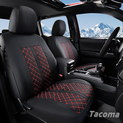 Truckiipa Tacoma Truck Seat Covers Full Set Leather Waterproof Seat Covers Fit for 2005-2015 Toyota Tacoma Double Crew Cab, Full Set, Black&Red