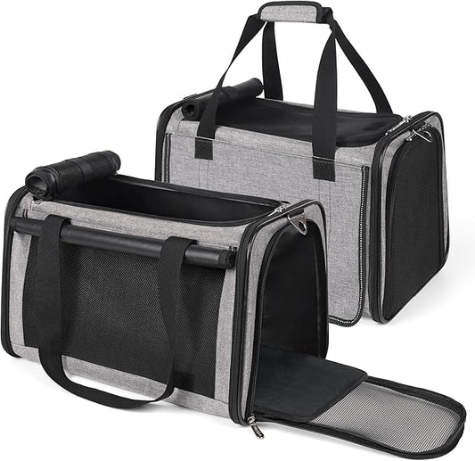 YUDODO 2 Packs 25 lbs Lightproof Soft Sided Cat Carrier for Large Cat & Small Dog Airline Approved Travel Bag Pet Puppy Carriers with Side Pockets & Reflective Mesh, Foldable Portable for Car 2 Grey