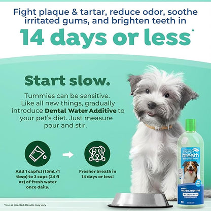 TropiClean Fresh Breath Advanced Whitening Water Additive for Dogs, Max Strength Dog Teeth Cleaning and Breath Freshener Solution, 33.8oz