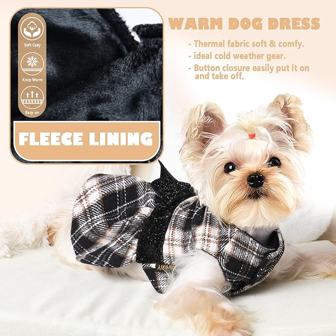 Yikeyo Dog Sweater Dress, Winter Plaid Dog Dress for Small Dogs Girl, Winter Warm Fleece Lining Female Small Dog Clothes, Pet Outfits Coat, Cat Apparel for Holiday, New Year, Valentine’s Day,XS,Black
