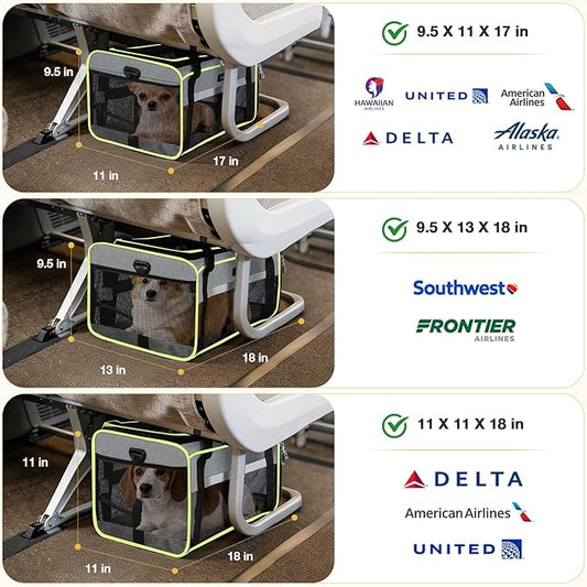 Lekereise Top-Expandable Pet Carrier 17x11x9.5 Inch Alaska Hawaiian Airline Approved Soft Sided Underseat to 12lbs Travel Carriers for Small Cats and Dogs with Locking Safety Zippers Anti-Scratch Mesh